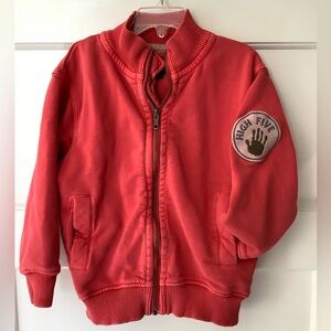 Mini Boden red zip up sweatshirt “High Five” patch, 5-6yr